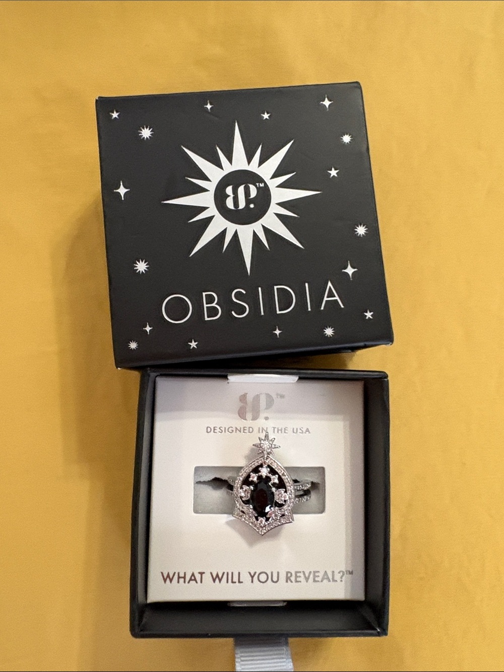 Obsidia Black Teardrop Ring in Silver-Tone Setting